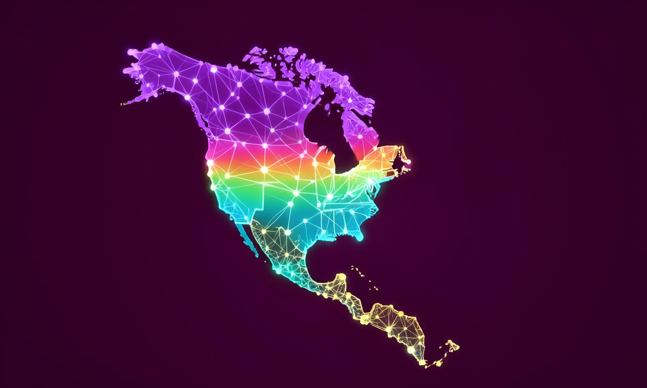 Map of the United States, Mexico and Canada connected by a pride-gradient network